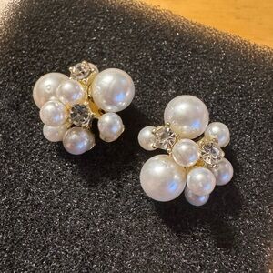 Gold Tone Faux Pearl Rhinestone Cluster Earrings